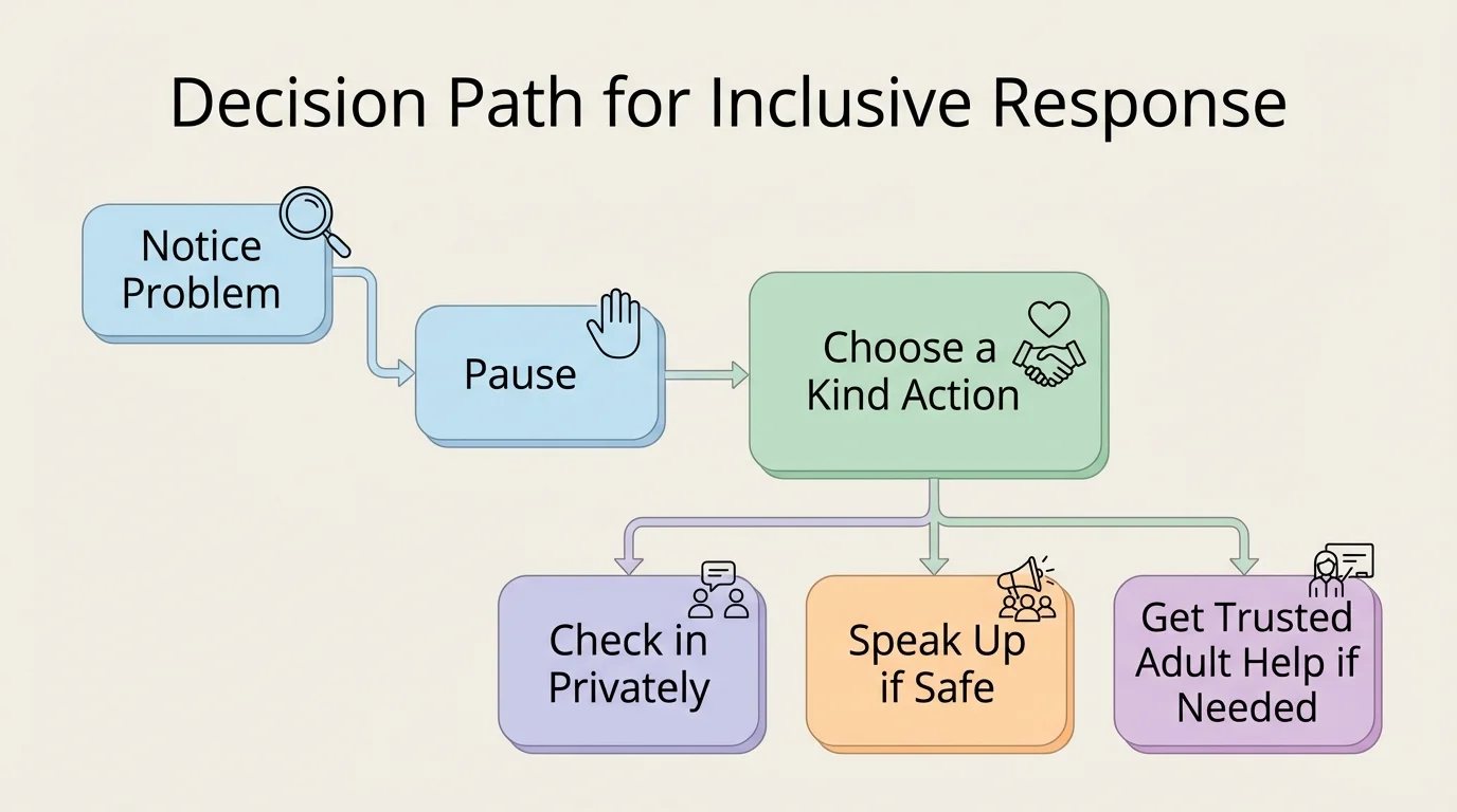 Decision path for inclusive response with boxes labeled notice problem, pause, choose a kind action, check in privately, speak up if safe, get trusted adult help if needed