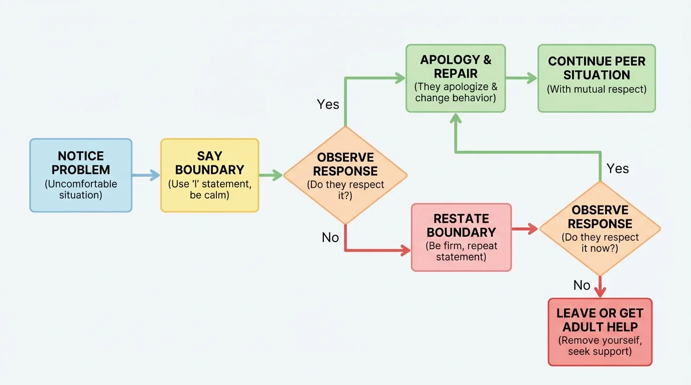 Flowchart showing notice problem, say boundary, observe response, restate boundary, leave or get adult help