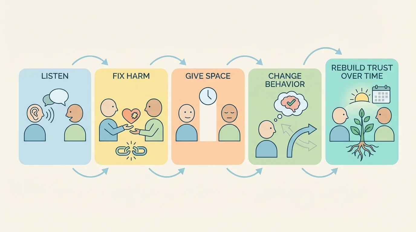 Illustration of steps labeled listen, fix harm, give space, change behavior, rebuild trust over time