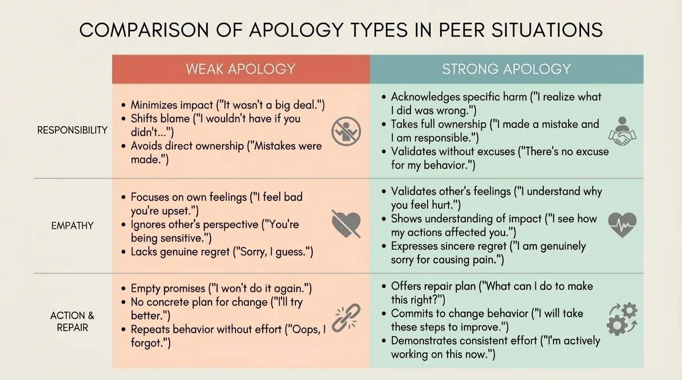 Comparison chart with two columns labeled weak apology and strong apology, showing responsibility, empathy, and action