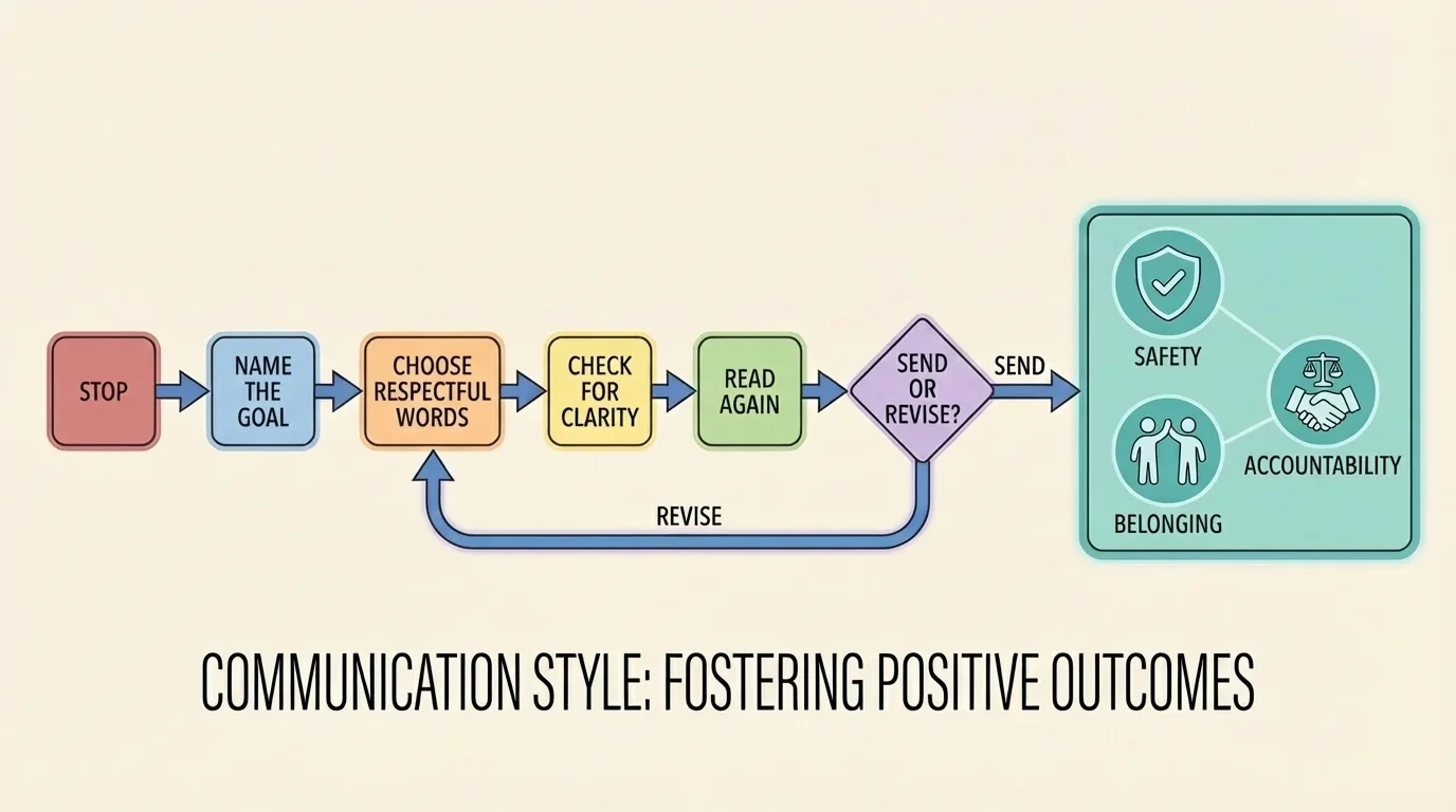 Flowchart with steps: stop, name the goal, choose respectful words, check for clarity, read again, send or revise