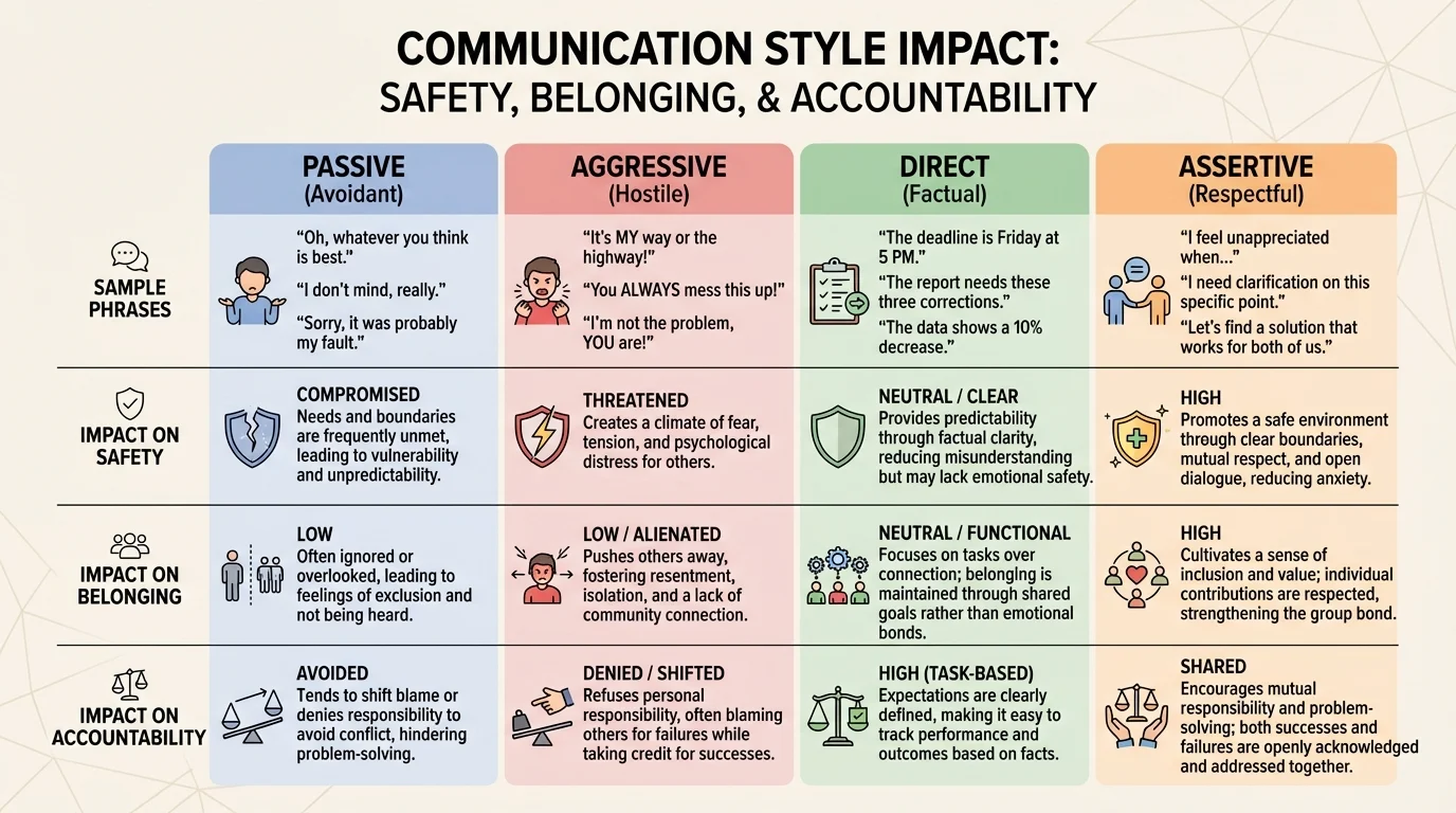 Comparison chart of passive, aggressive, direct, and assertive communication with short sample phrases and likely outcomes