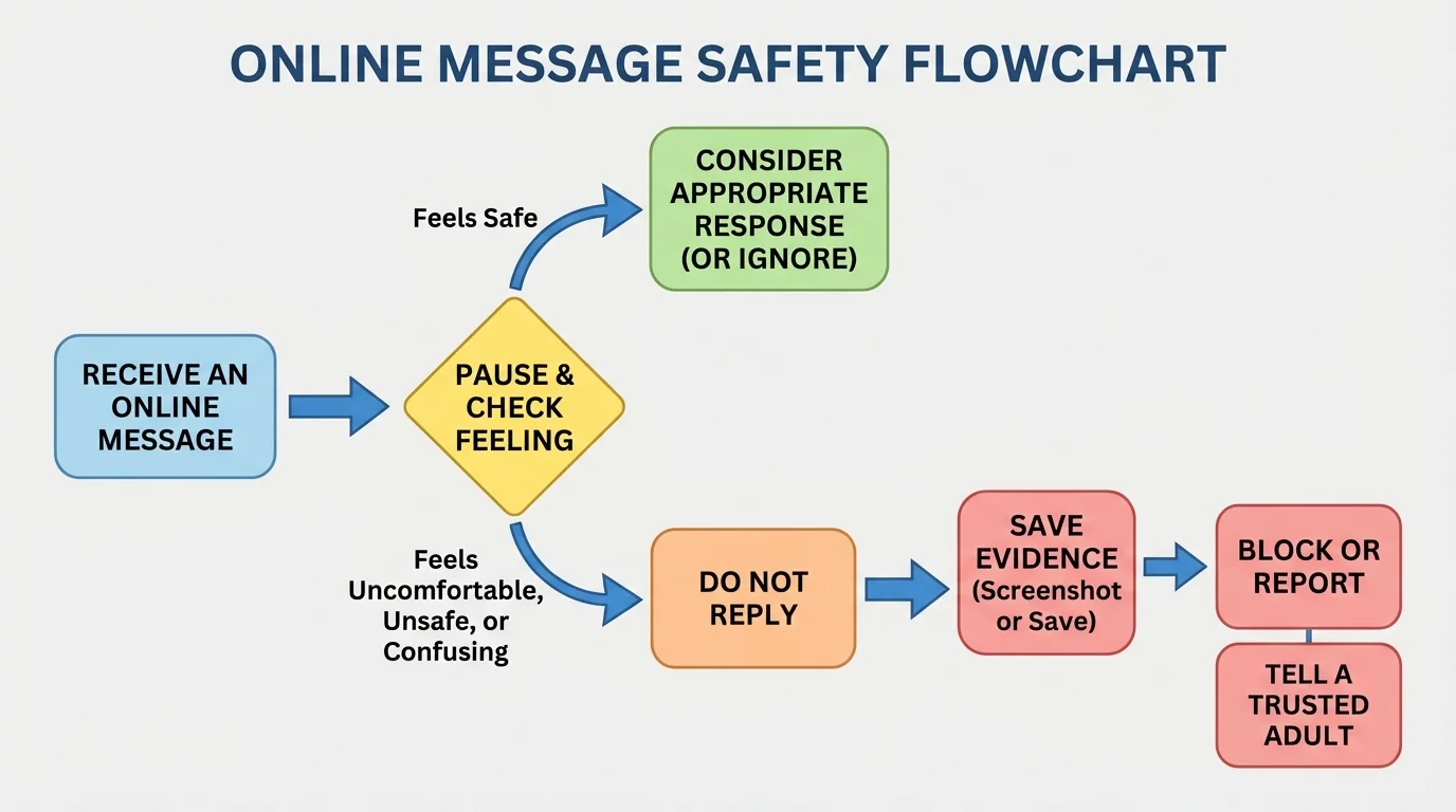 Simple decision flowchart for online messages: pause, check feeling, do not reply if unsafe, save evidence, block or report, tell a trusted adult