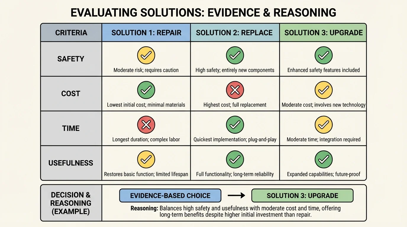 Chart comparing three solutions using safety, cost, time, and usefulness with simple checkmarks and notes