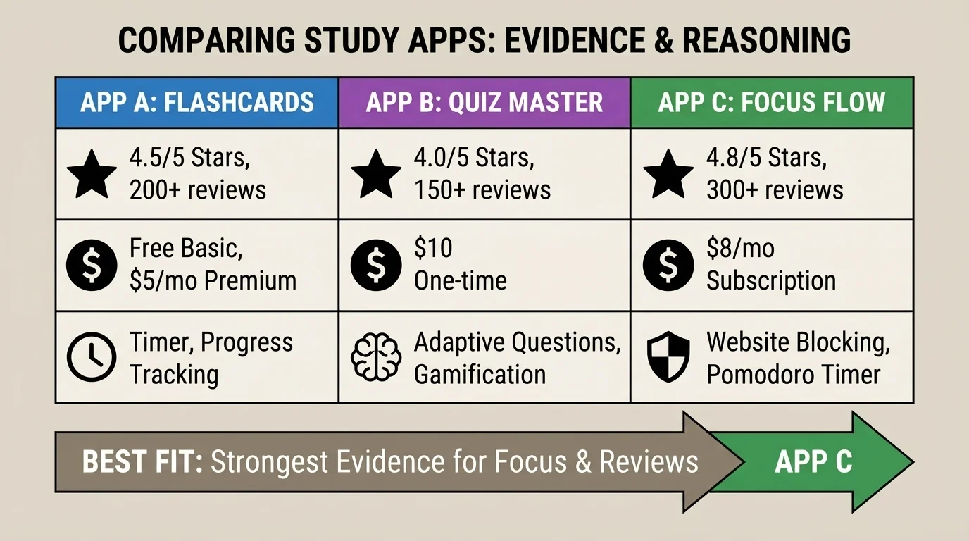 Illustration of a student at home comparing three study apps on a tablet using notes for reviews, cost, and focus features