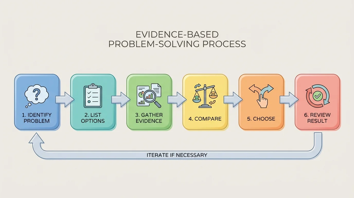 Flowchart showing problem-solving steps: identify problem, list options, gather evidence, compare, choose, review result