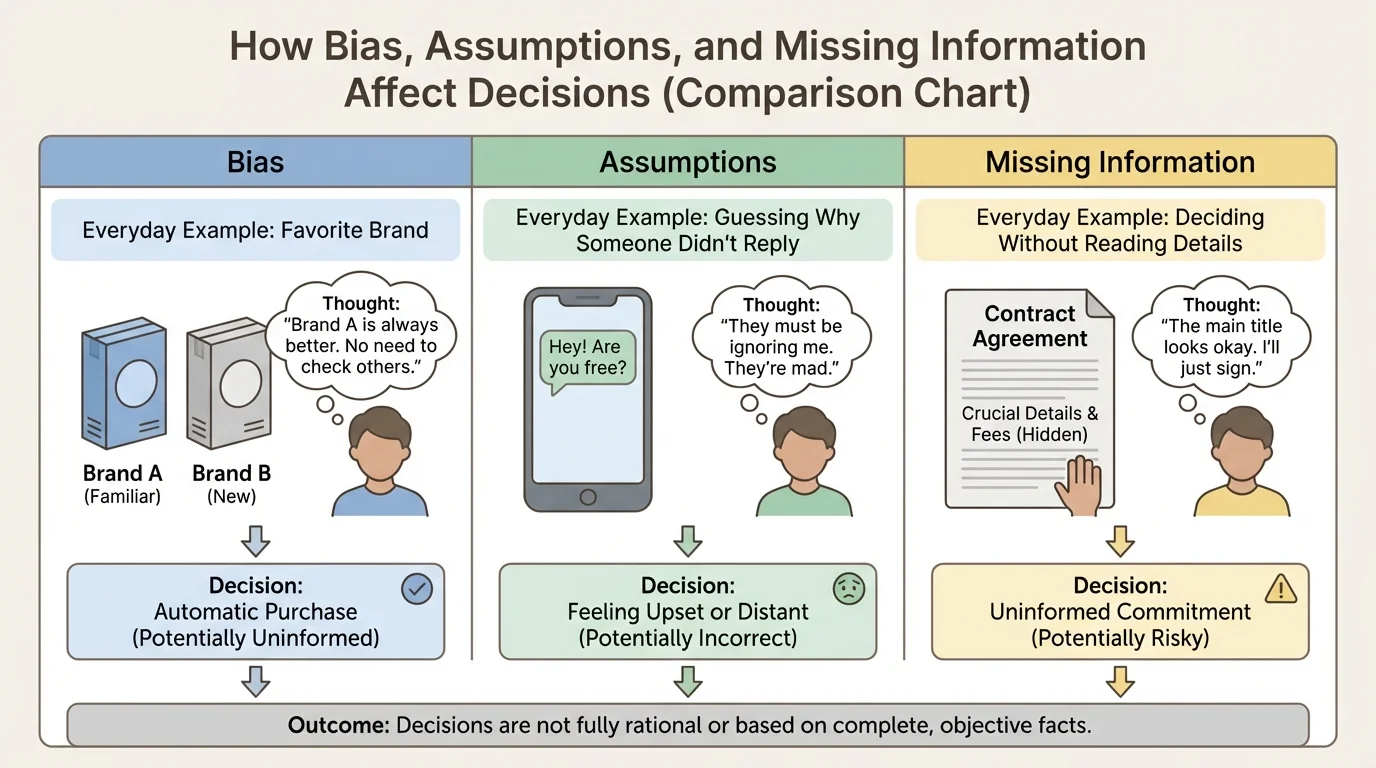 comparison chart showing bias, assumptions, and missing information in three columns with short everyday examples such as favorite brand, guessing why someone did not reply, and deciding without reading details