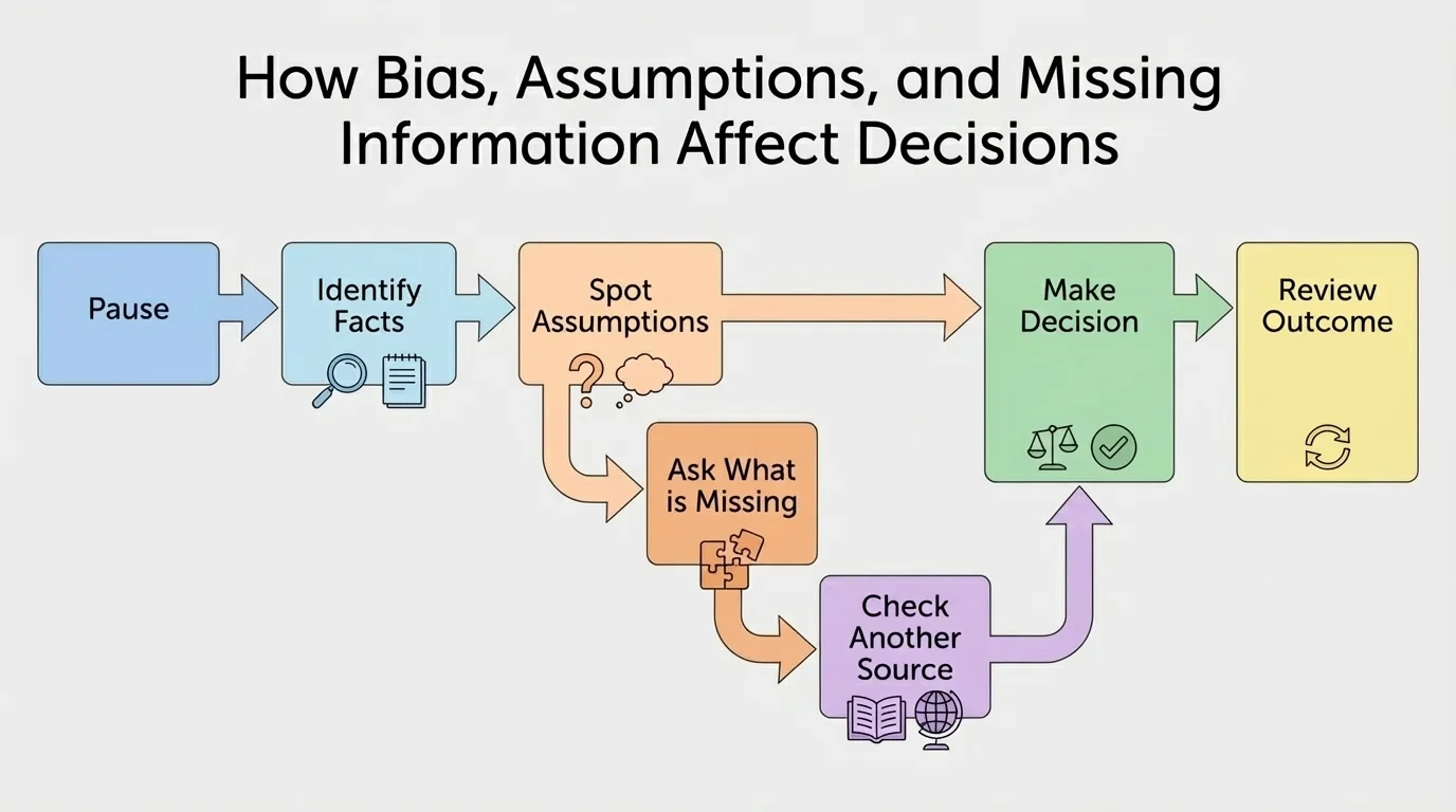decision-making flowchart with boxes labeled pause, identify facts, spot assumptions, ask what is missing, check another source, make decision, review outcome