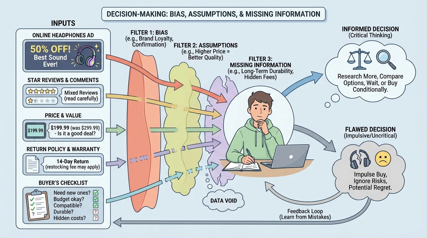 student at home comparing an online headphones ad, star reviews, price, return policy, and a checklist of questions before buying