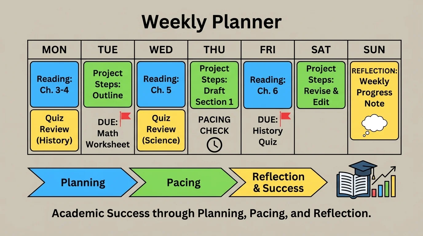 Student weekly planner on a laptop desk showing reading, quiz review, project steps, and due dates on different days
