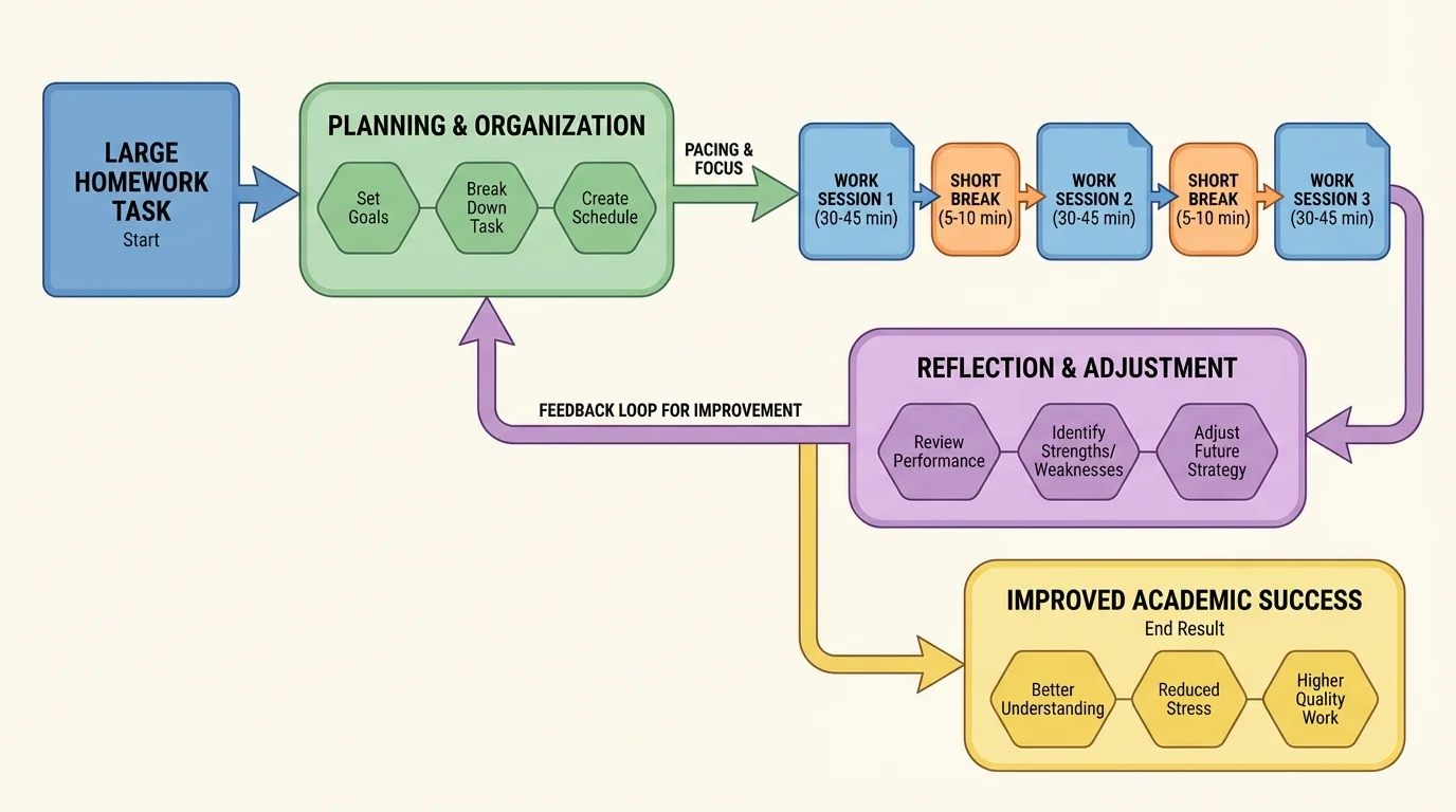 Flowchart showing a large homework task split into smaller work sessions with short breaks between them