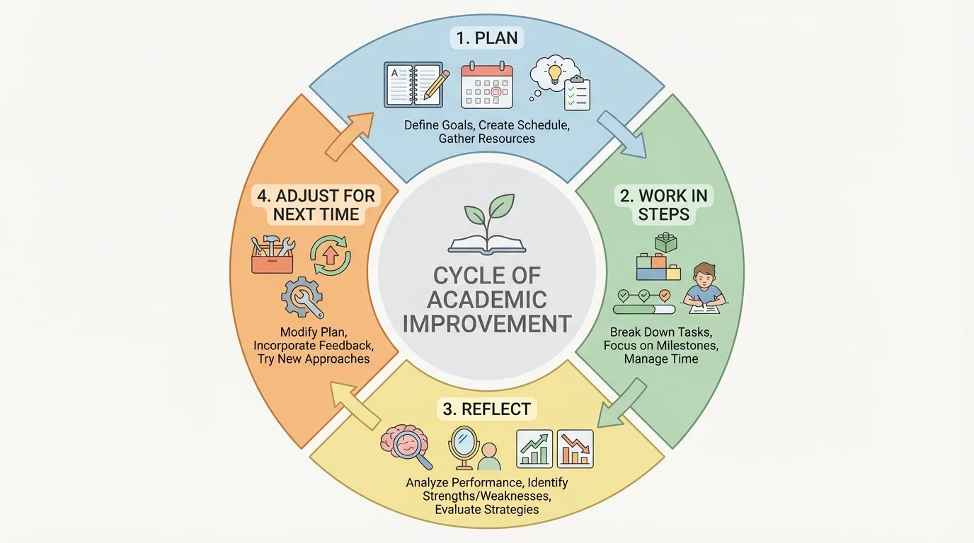 Circular flowchart with four steps: plan, work in steps, reflect, adjust for next time
