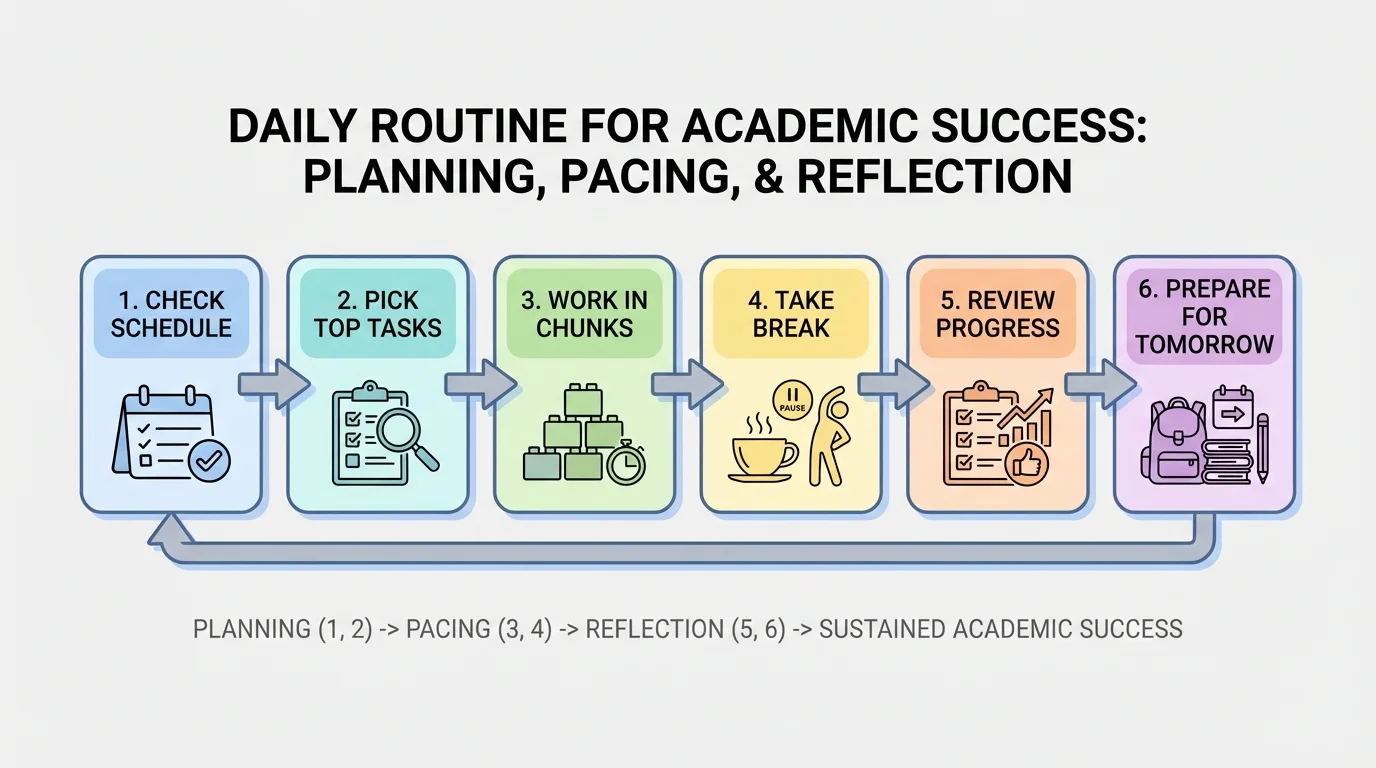 Simple daily routine chart showing check schedule, pick top tasks, work in chunks, take break, review progress, and prepare for tomorrow