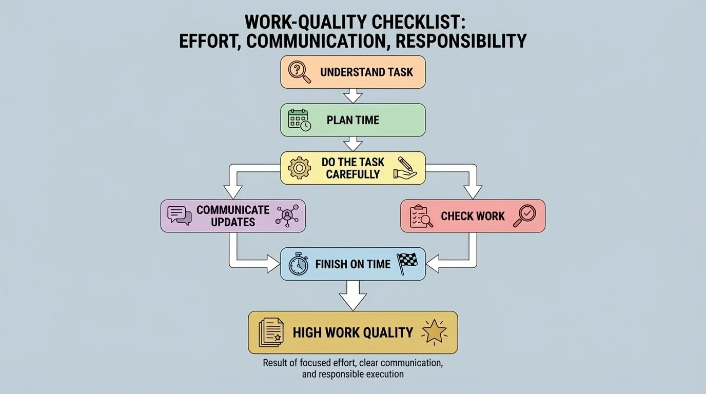 Flowchart showing a work-quality checklist: understand task, plan time, do the task carefully, communicate updates, check work, finish on time