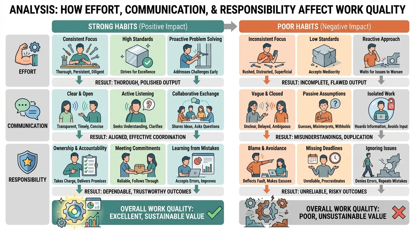 Comparison chart with three rows for effort, communication, and responsibility, showing strong habits on one side and poor habits on the other with resulting work quality