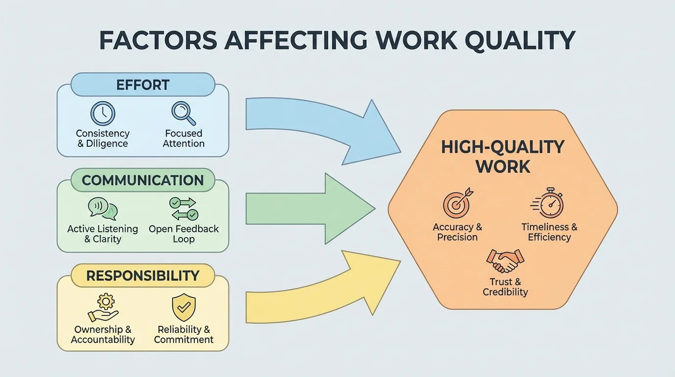 Flowchart showing effort, communication, and responsibility each feeding into high-quality work, with examples like accuracy, timeliness, and trust