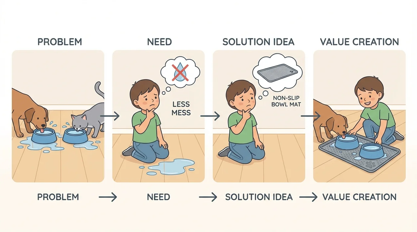 child notices pets spilling water, identifies the need for less mess, and chooses a non-slip bowl mat as a possible solution
