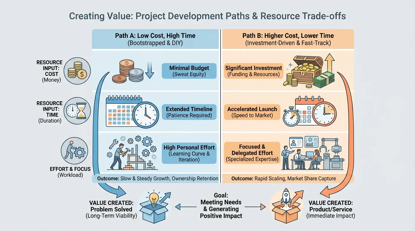comparison chart with two project options, one low cost and high time, the other higher cost and lower time, using icons for money, clock, and effort