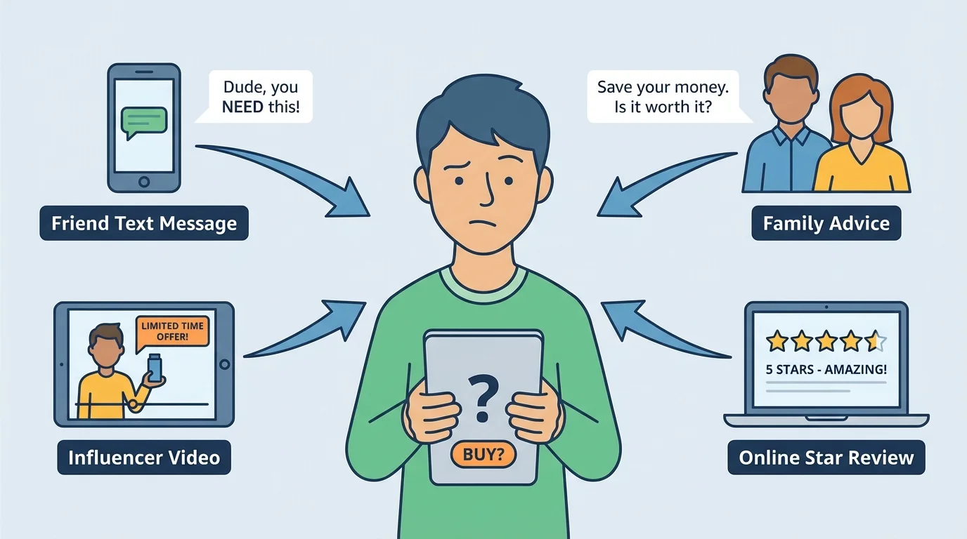 student in the center deciding whether to buy, with arrows coming from friend text message, influencer video, family advice, and online star review
