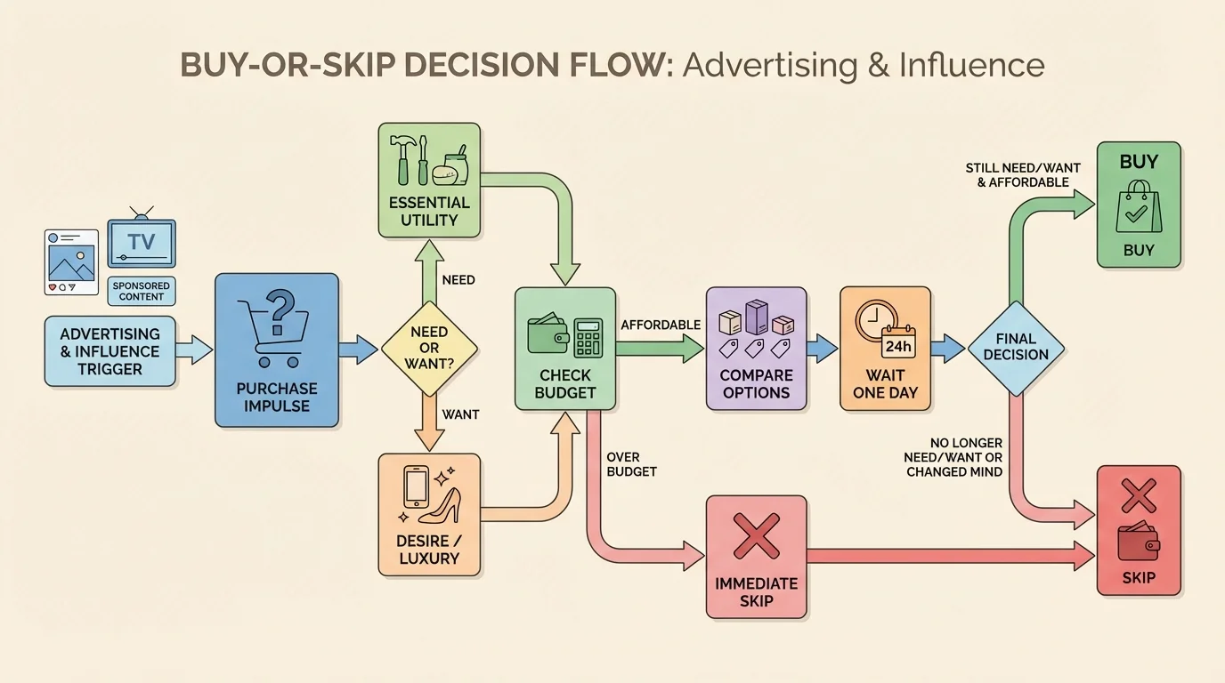 buy-or-skip decision flow with boxes labeled need or want, check budget, compare options, wait one day, then decide buy or skip