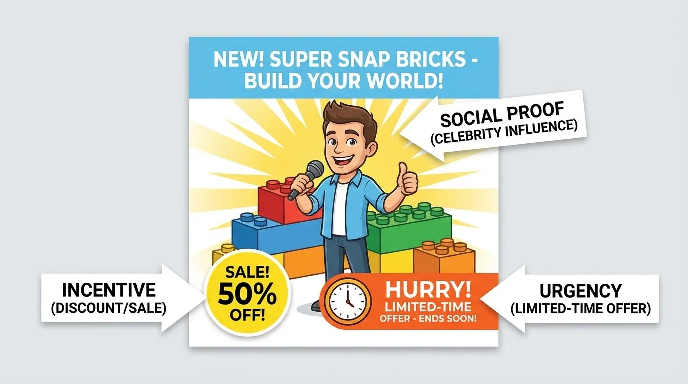 advertisement mockup for a kid-focused product with bright colors, a sale badge, a smiling celebrity-style endorser, and a limited-time message, with simple labels pointing to each persuasion technique