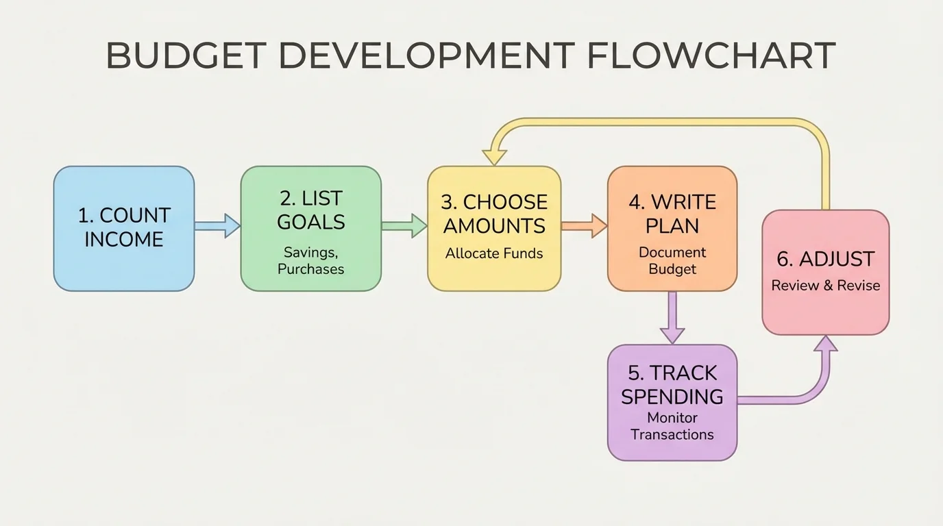 Flowchart showing budget steps: count income, list goals, choose amounts, write plan, track spending, adjust