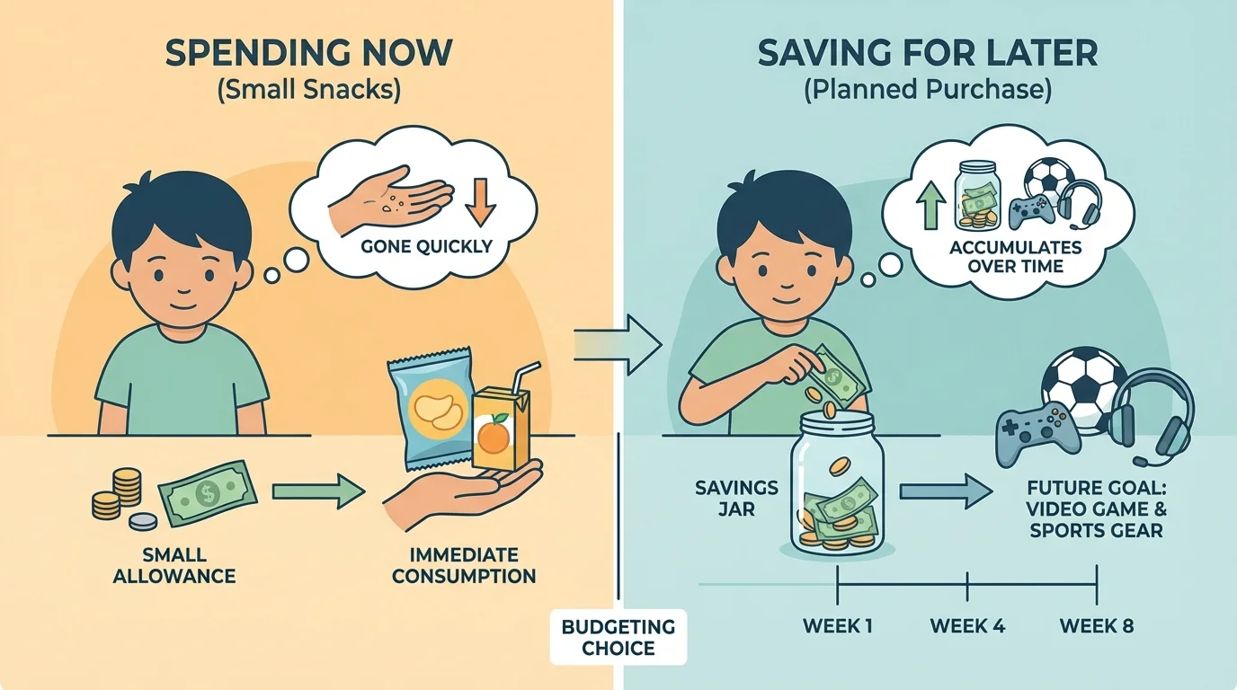 Two-panel illustration of a child buying small snacks now versus waiting and saving for a larger game or sports item