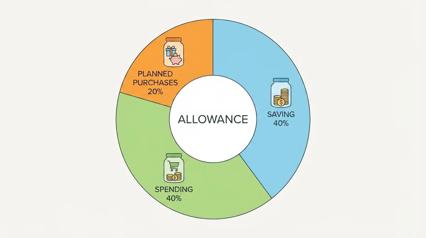 Pie-style chart with one allowance divided into three labeled sections: saving, spending, and planned purchase jars