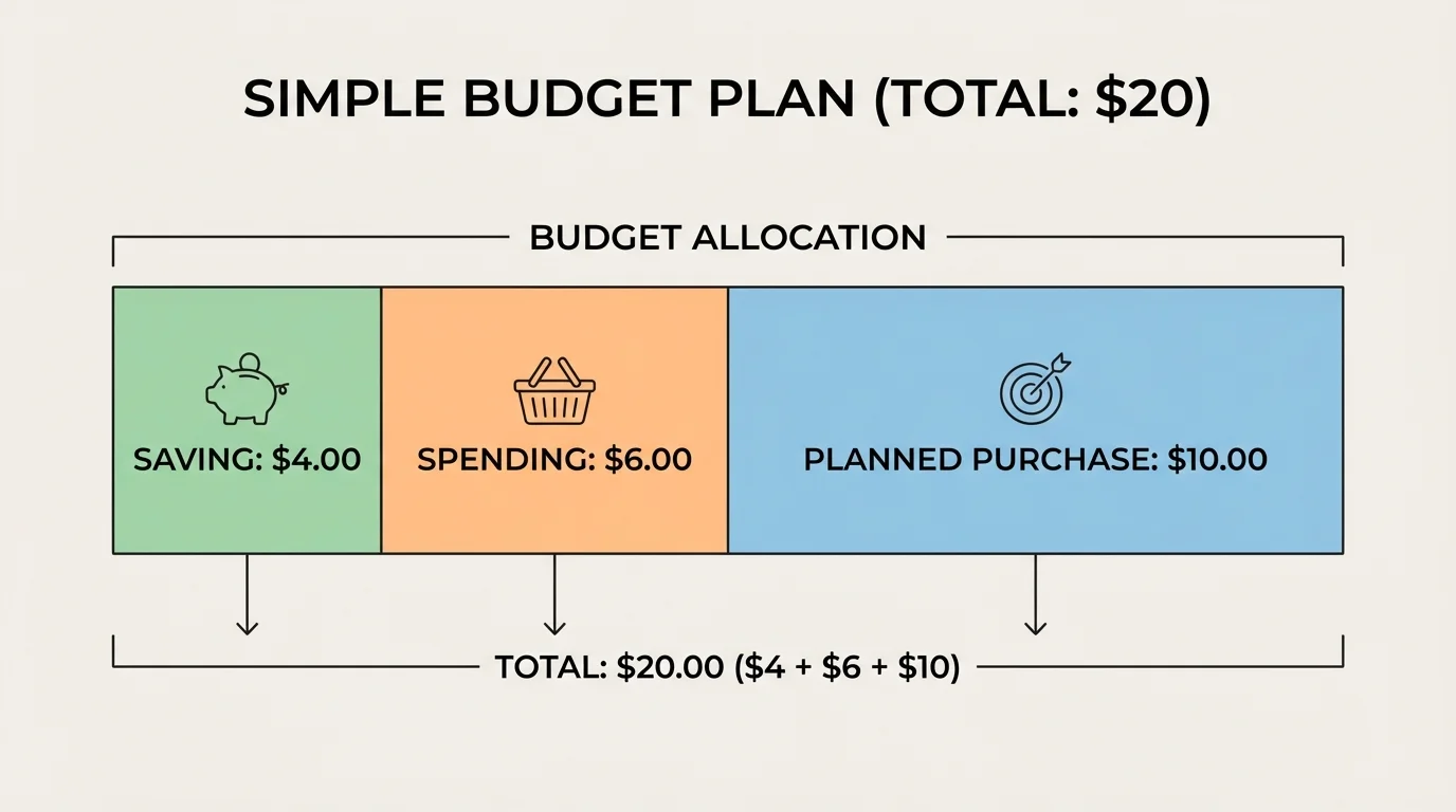 Chart with example money plan for $20 including saving, spending, and planned purchase categories adding to the total