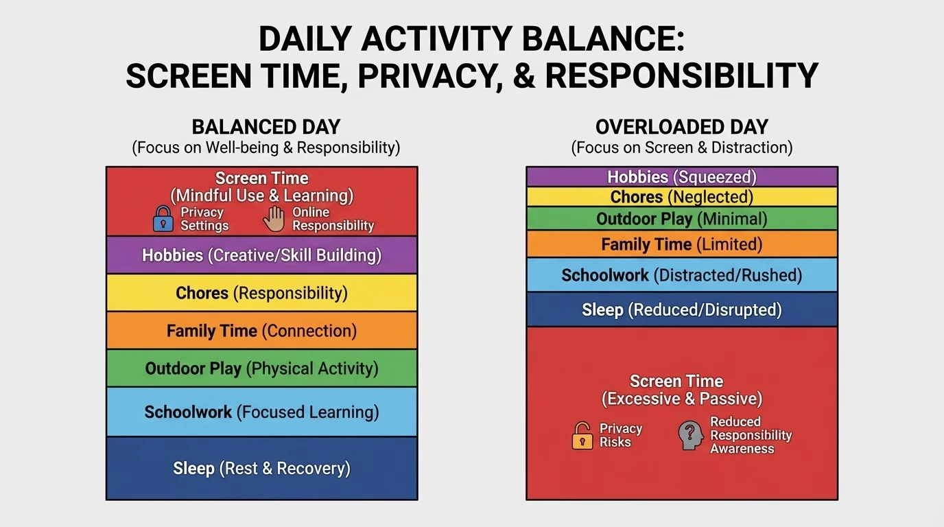 chart showing a child's day with blocks for sleep, schoolwork, outdoor play, family time, chores, hobbies, and screen time in balanced and overloaded versions