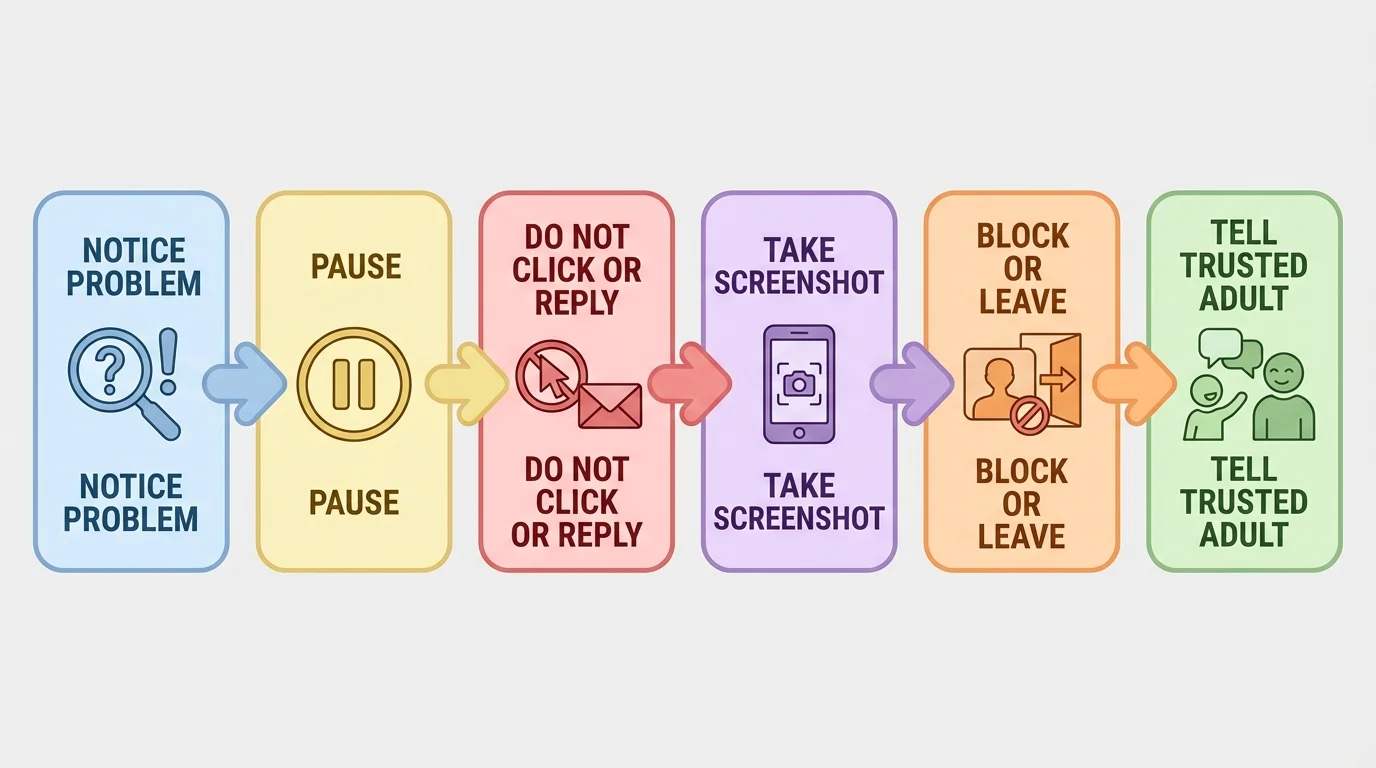 flowchart showing notice problem, pause, do not click or reply, take screenshot, block or leave, tell trusted adult