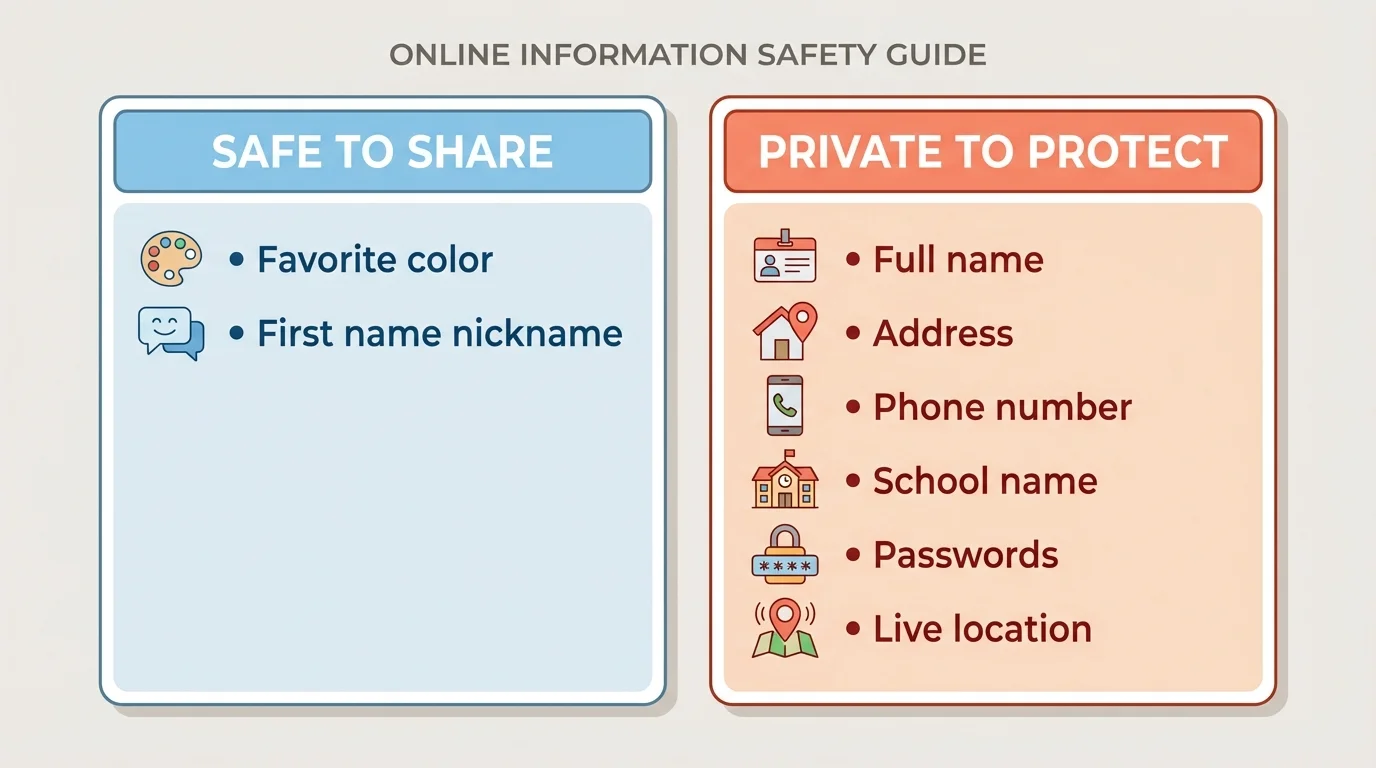 chart with two columns labeled safe to share and private to protect, including favorite color, first name nickname, full name, address, phone number, school name, passwords, and live location