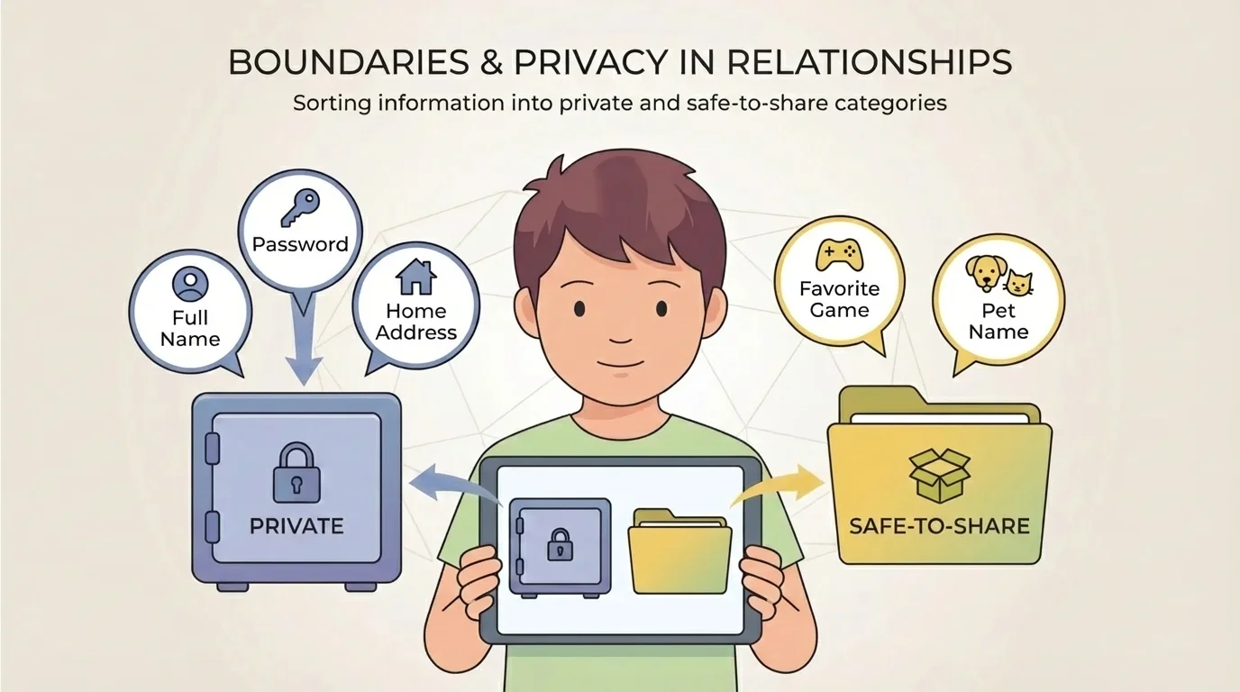 illustration of a child using a tablet with speech bubbles labeled full name, password, home address, favorite game, and pet name sorted into private and safe-to-share categories
