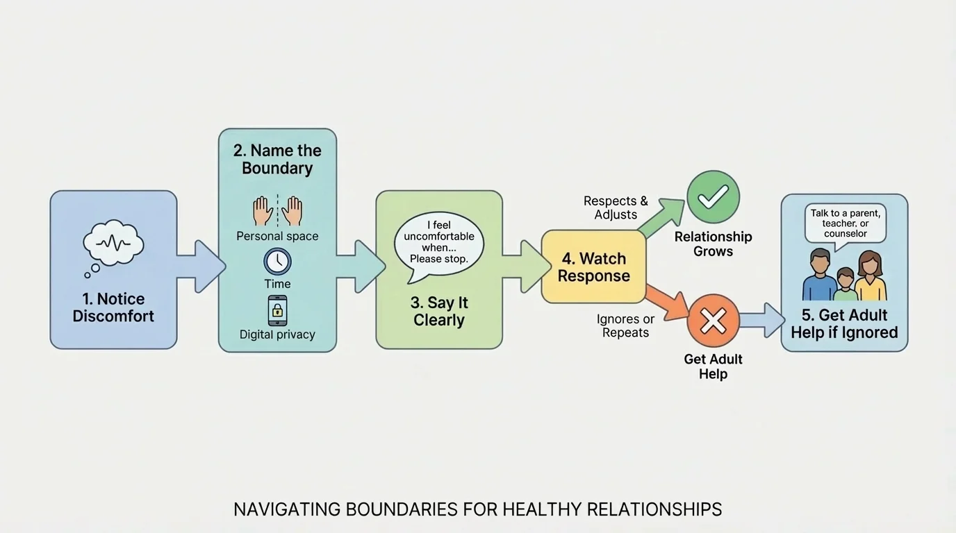 flowchart with steps notice discomfort, name the boundary, say it clearly, watch response, get adult help if ignored