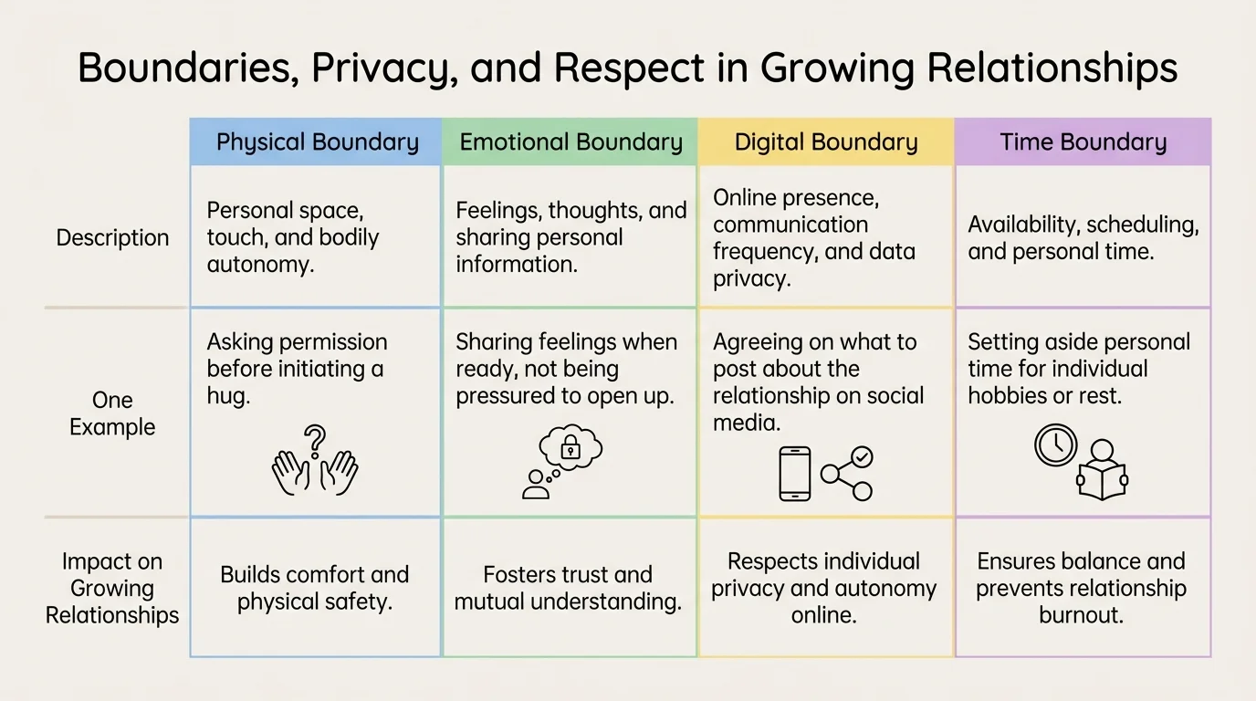 chart showing physical, emotional, digital, and time boundaries with one example for each