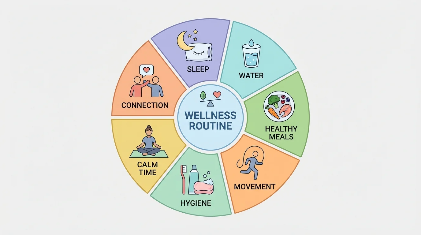 wellness routine wheel with labeled sections for sleep, water, healthy meals, movement, hygiene, calm time, and connection