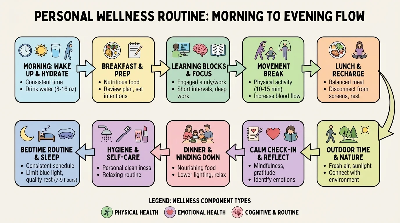morning-to-evening wellness routine with steps such as wake up, drink water, breakfast, learning blocks, movement break, lunch, outdoor time, calm check-in, dinner, hygiene, bedtime routine