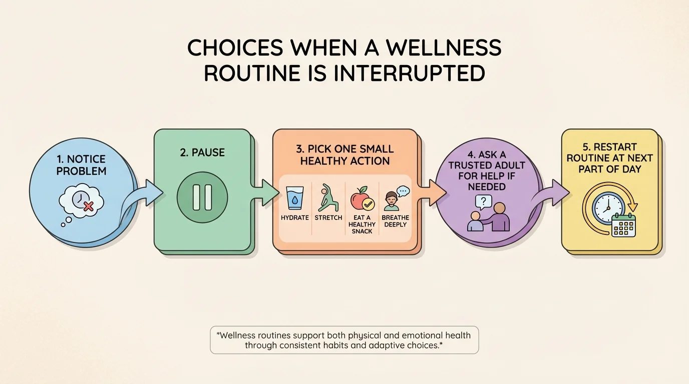choices when a routine is interrupted: notice problem, pause, pick one small healthy action, ask a trusted adult for help if needed, restart routine at next part of day