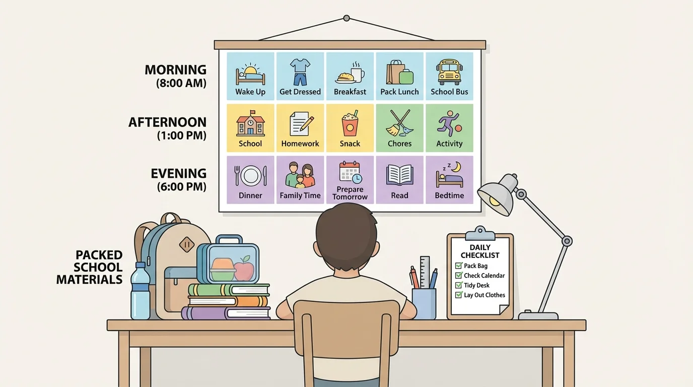 Child at home desk using a wall calendar, checklist, and packed school materials with morning, afternoon, and evening tasks clearly organized
