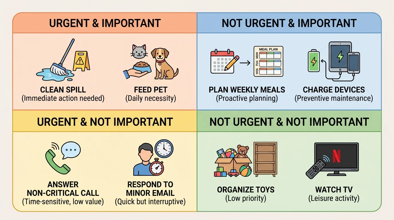 Four-square urgent and important task chart with examples like clean spill, feed pet, charge device, and organize toys