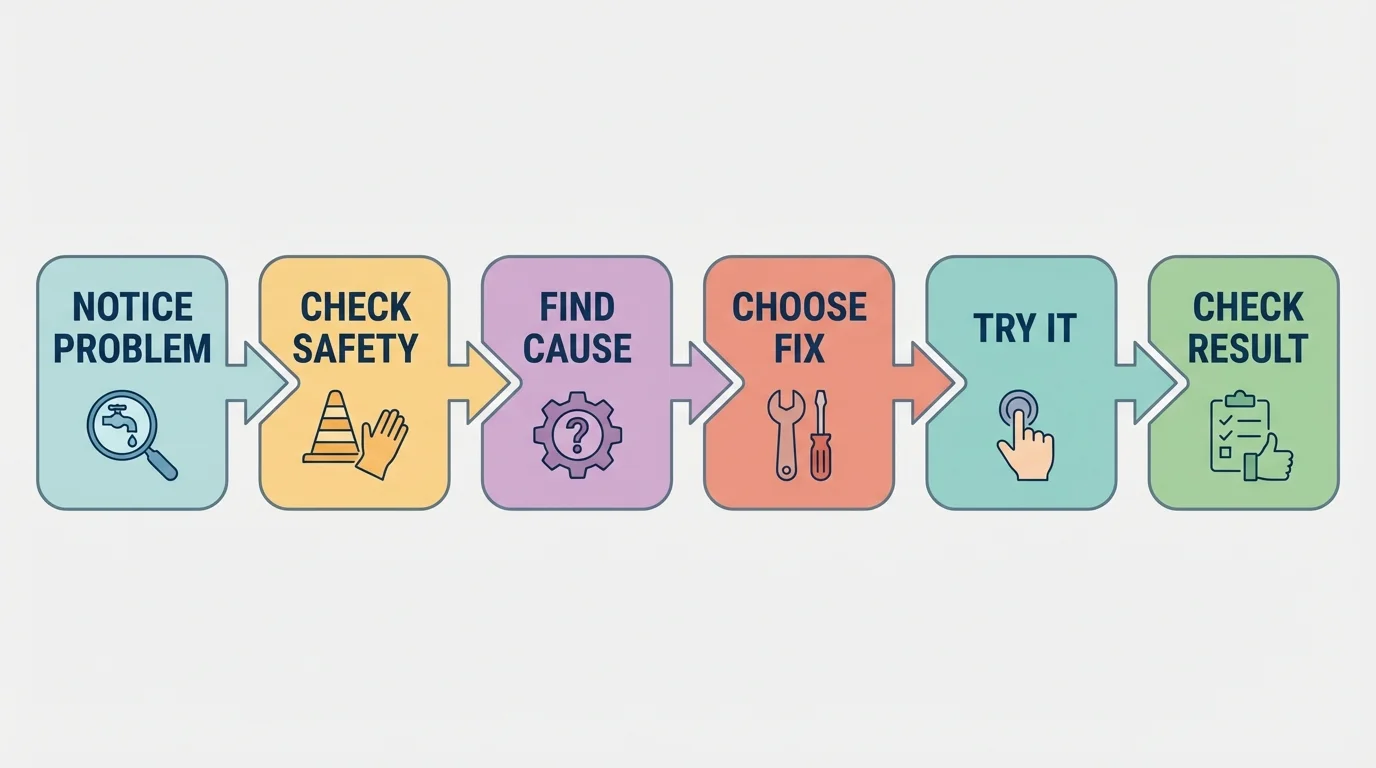 Flowchart with boxes labeled Notice Problem, Check Safety, Find Cause, Choose Fix, Try It, Check Result connected by arrows