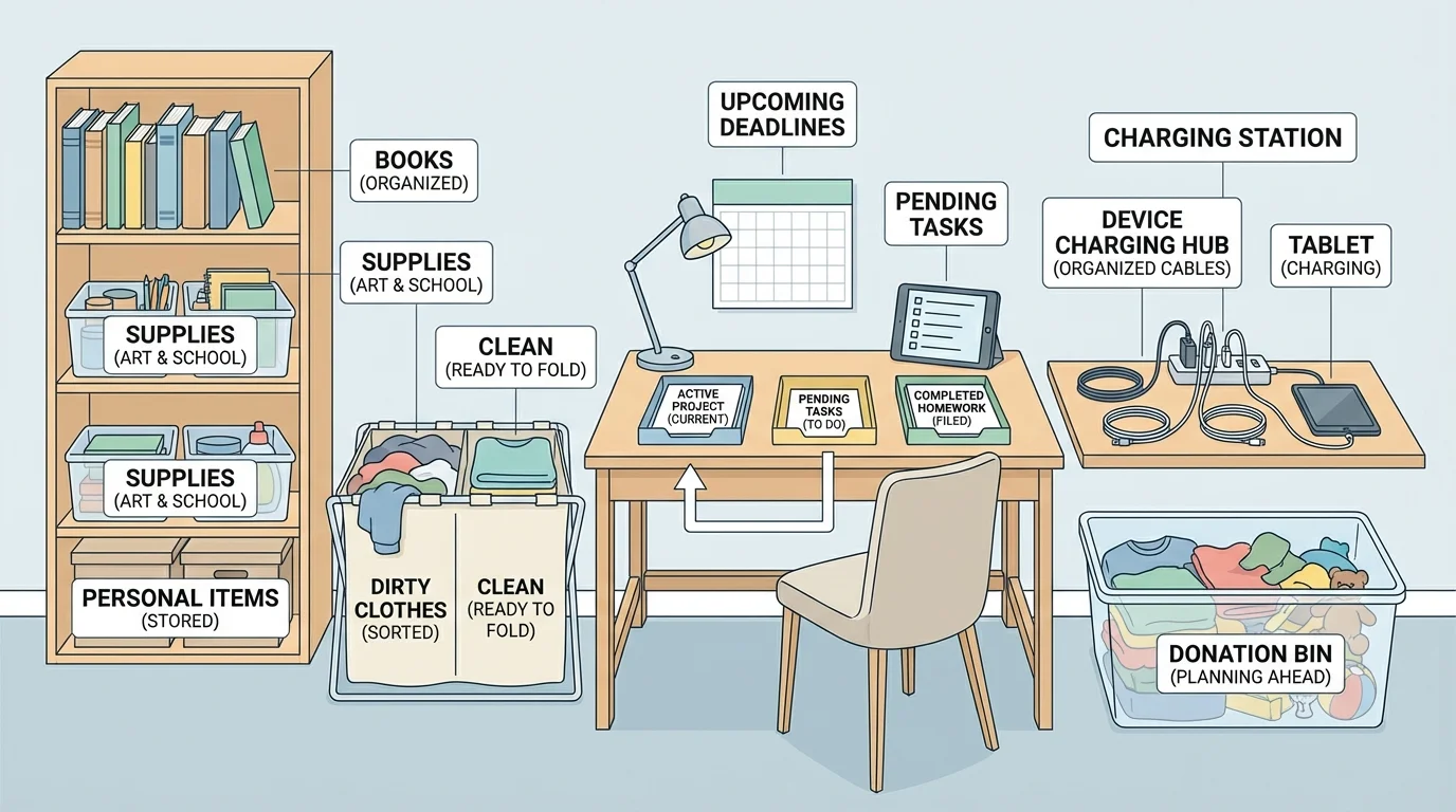 Bedroom or study area with labeled shelves, laundry basket, homework desk, charging station, and donation bin arranged in clear zones