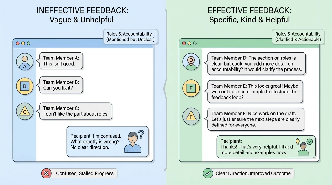 Split-screen online team chat showing vague unhelpful feedback on one side and kind specific helpful feedback on the other