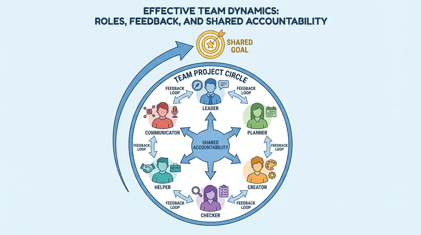 Team project circle with students labeled leader, planner, communicator, creator, checker, and helper working toward one shared goal