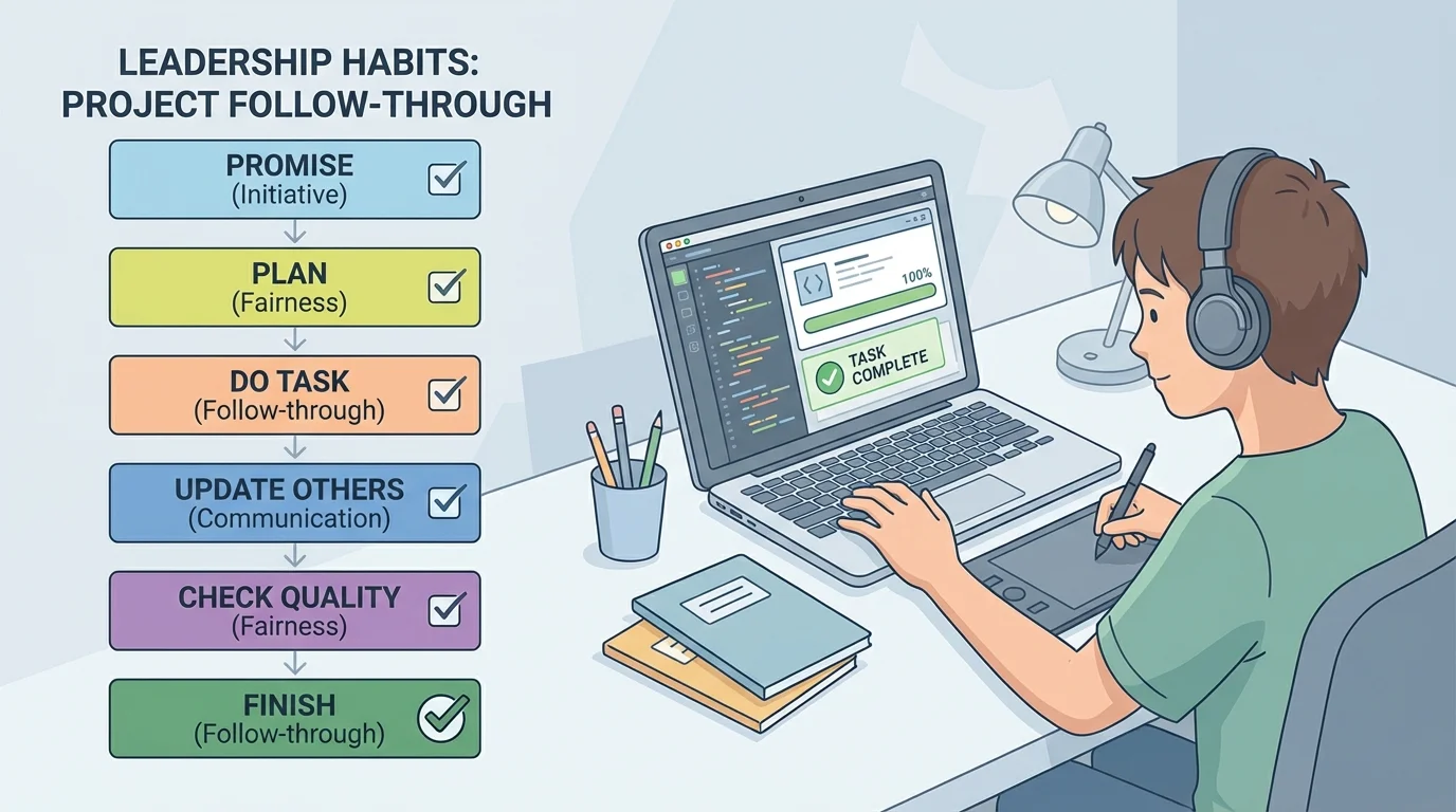 simple checklist with stages promise, plan, do task, update others, check quality, finish, shown beside a student completing a project on a laptop
