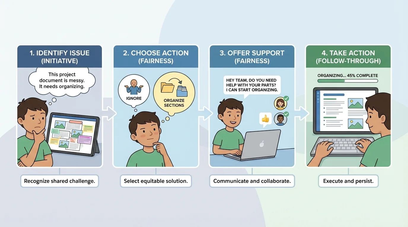 student noticing a messy shared online project document, then choosing one helpful action, checking if others need help, and starting the task