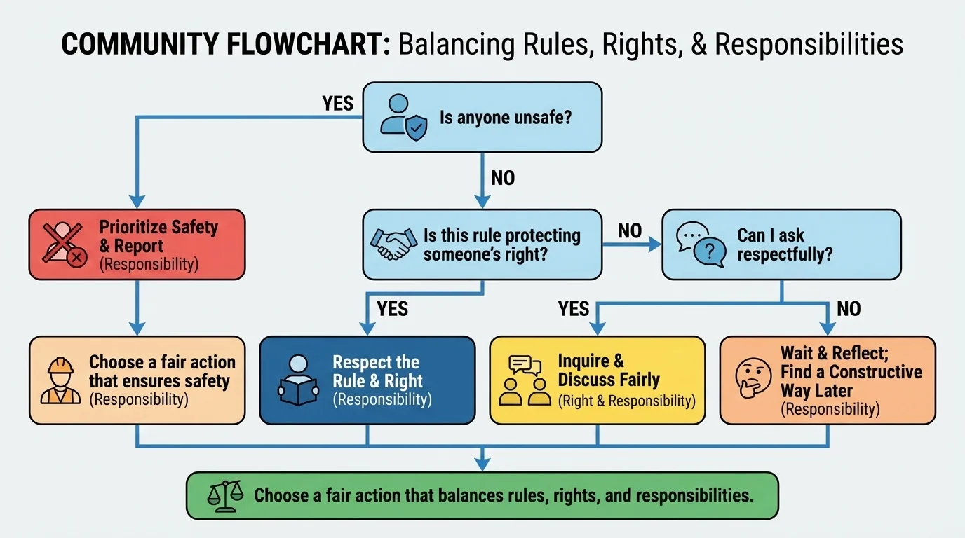 Flowchart asking Is anyone unsafe, Is this rule protecting someone's right, Can I ask respectfully, and Choose a fair action