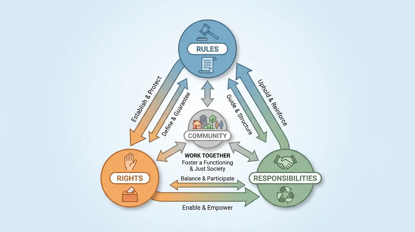 Triangle diagram labeled Rules, Rights, and Responsibilities with arrows showing each supports the others in a community