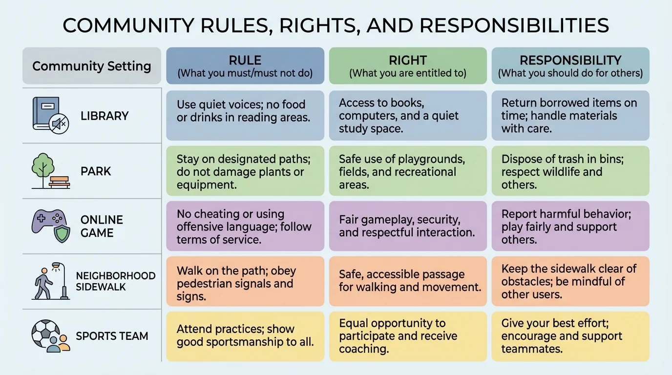 Chart with rows for library, park, online game, neighborhood sidewalk, and sports team showing a rule, a right, and a responsibility for each