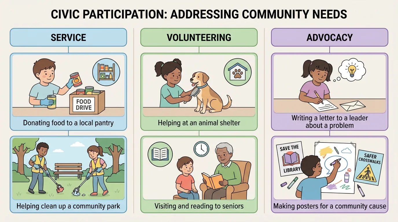 comparison chart with three columns labeled service, volunteering, advocacy, each with 2 to 3 simple examples for children